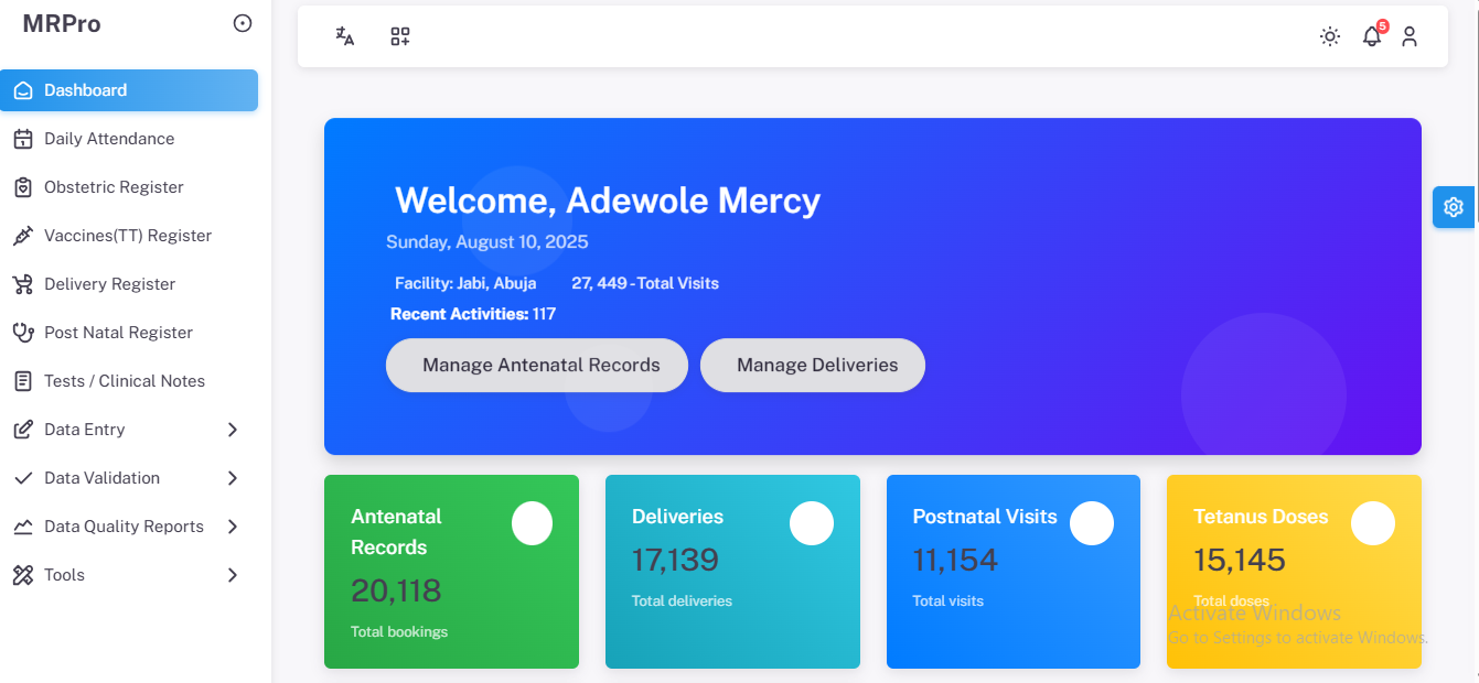MaternalRecordPro dashboard